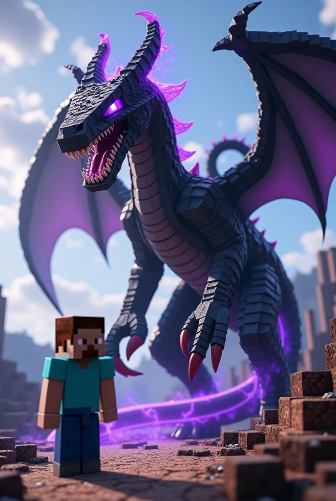 A Minecraft character based on the Enderdragon mixed with the Enderman posing with Steve on the side