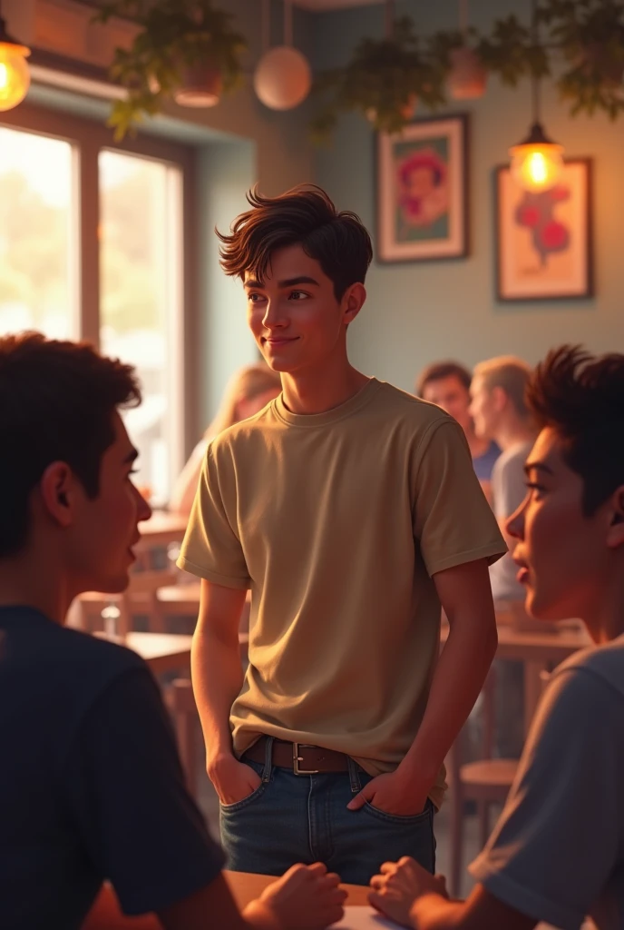 I want a picture of a guy in his early 20s with dark brown hair, short man wearing a t-shirt and jeans. He is chatting with other young boys and girls around him in a restaurant..