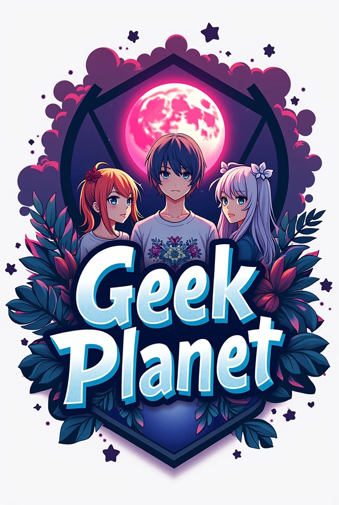 A logo referring to the geek planet with one or two anime figures and original t-shirts, with a moon and star symbol at the top in pink with purple and a world to refer to the name and having the name geek planet in the middle 