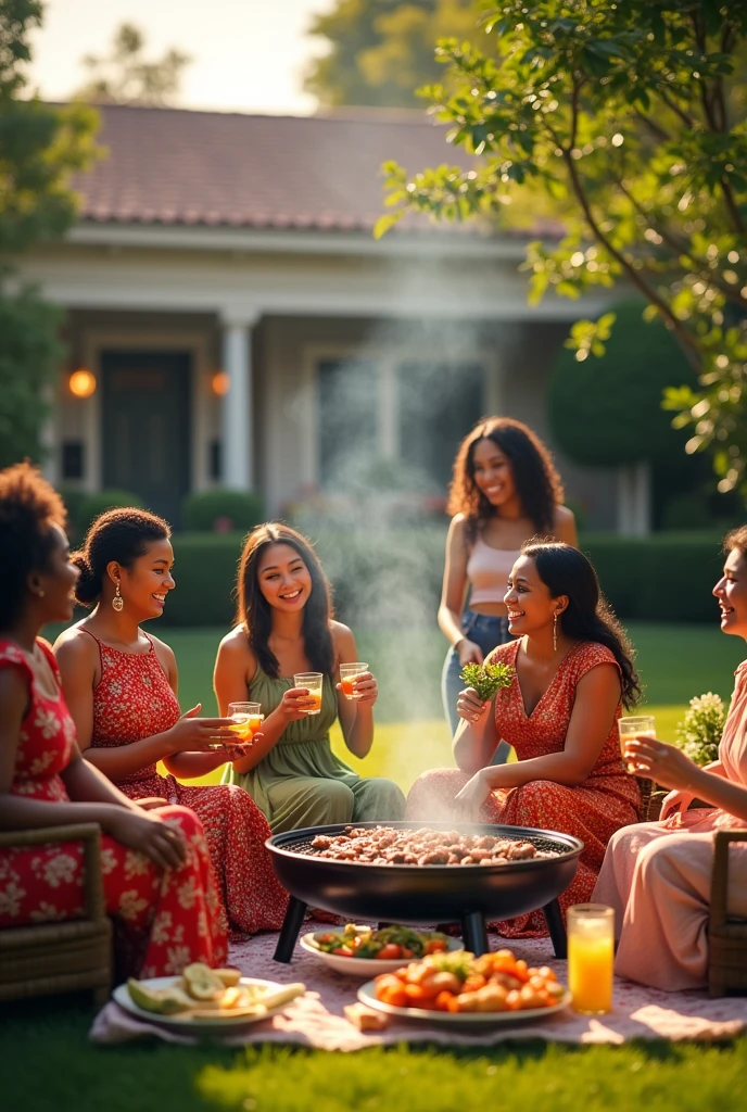 Afternoon barbecue with foreign women in front of the house