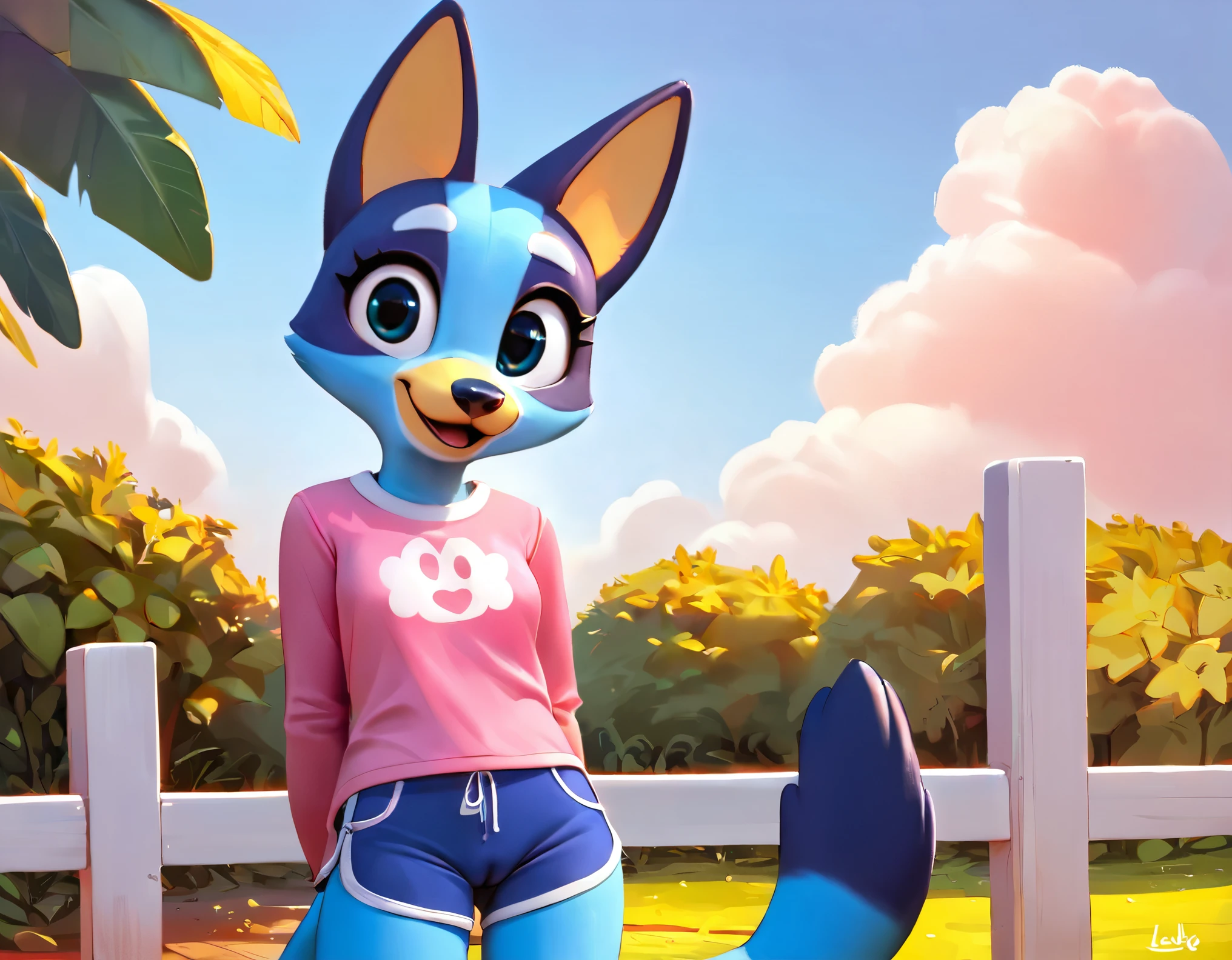 score_9, score_8_up, score_8, 1girl, source_cartoon, source_furry, blueyxl, bluey heeler, (boxchibi:0.2), cub, 11 year old girl, cowboy shot, anthro, furry, tail, blue body, animal ears, flat shaded background, sky, day, cloud, blue sky, excited expression, childlike joy, whimsical, mischievous, feminine, female, slender figure, slim body, lolicon body, detailed fur texture, cute outfit, blue shorts, pink shirt, long sleeve, camel toe, leaning forwards, hands behind back, looking at viewer