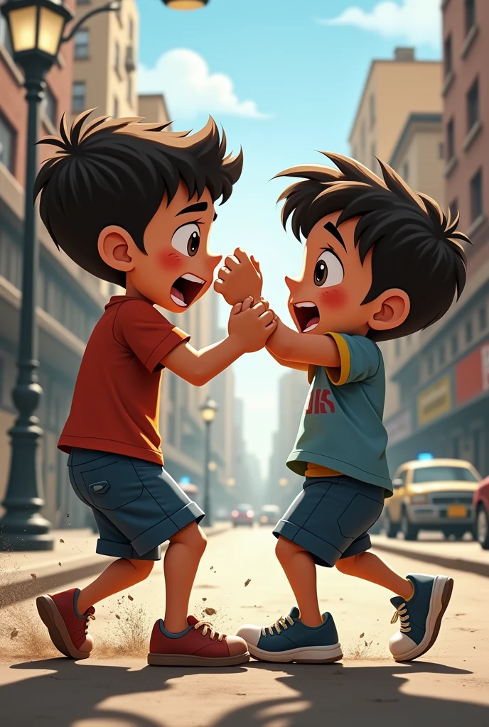 Two kids fighting in the street animated