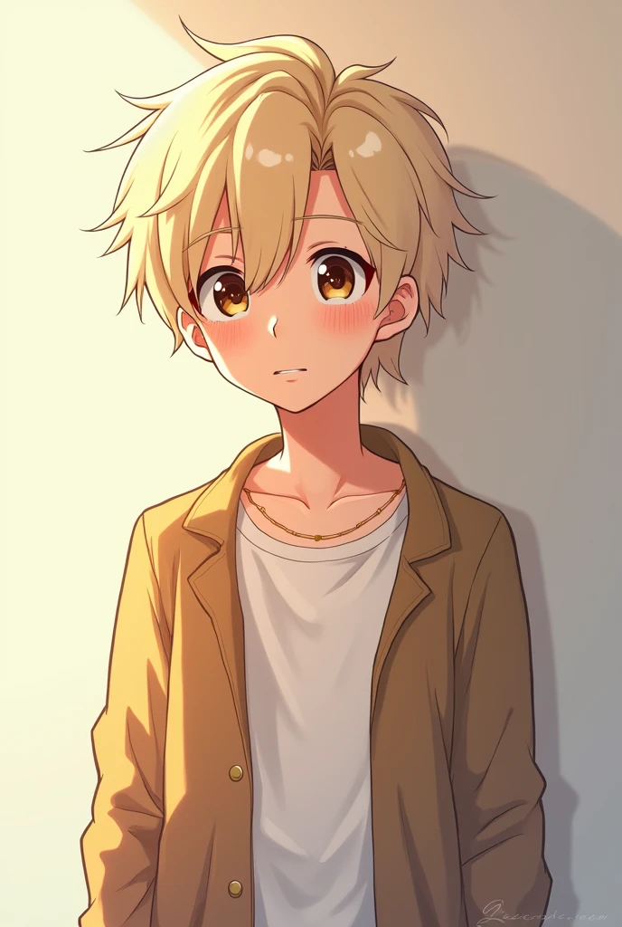 Chico, like , short wavy platinum blonde hair, Brown eyes, wear casual clothes. anime style.