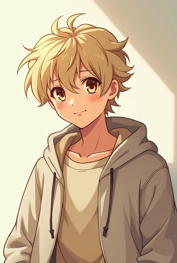 Chico, like , short wavy platinum blonde hair, Brown eyes, wear casual clothes. anime style.