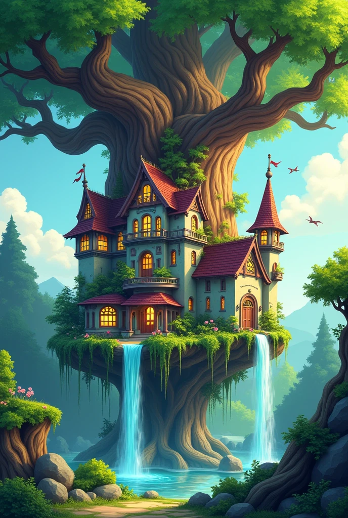 an institute merged with a giant floating oak tree , in the middle of a forest , the tree has waterfalls and many windows , cartoon style