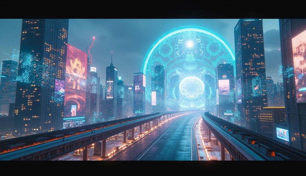 A cityscape with holographic projections of various images and scenes overlaying the real-world view. The projections are ethereal and colorful, hinting at a deeper reality beyond what is visible. --ar 16:9