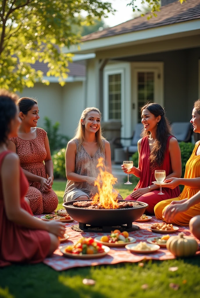 Afternoon barbecue with foreign women in front of the house