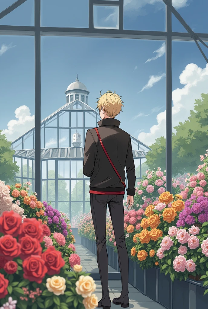 extremely delicate and beautiful, Amazing, finely detail, masterpiece, ultra-detailed, highres,best illustration, best shadow,intricate,sharp focus,  high quality, 1male, solo, blond hair. red eyes, kaveh genshin impact, glass greenhouse, flowers in pots, flowers for sale, man looking at flowers, flowers everywhere