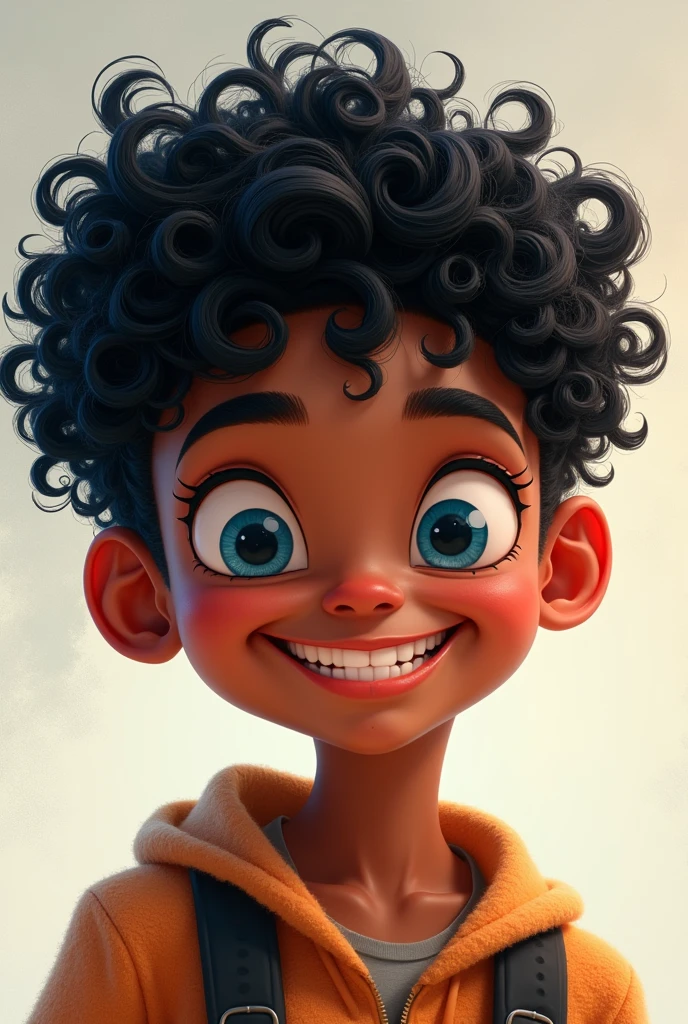  had short, choppy black hair and a vibrant, mischievous smile,
Short curly hair pulled up in a wild yet charming way, blue-eyed and dark-skinned .