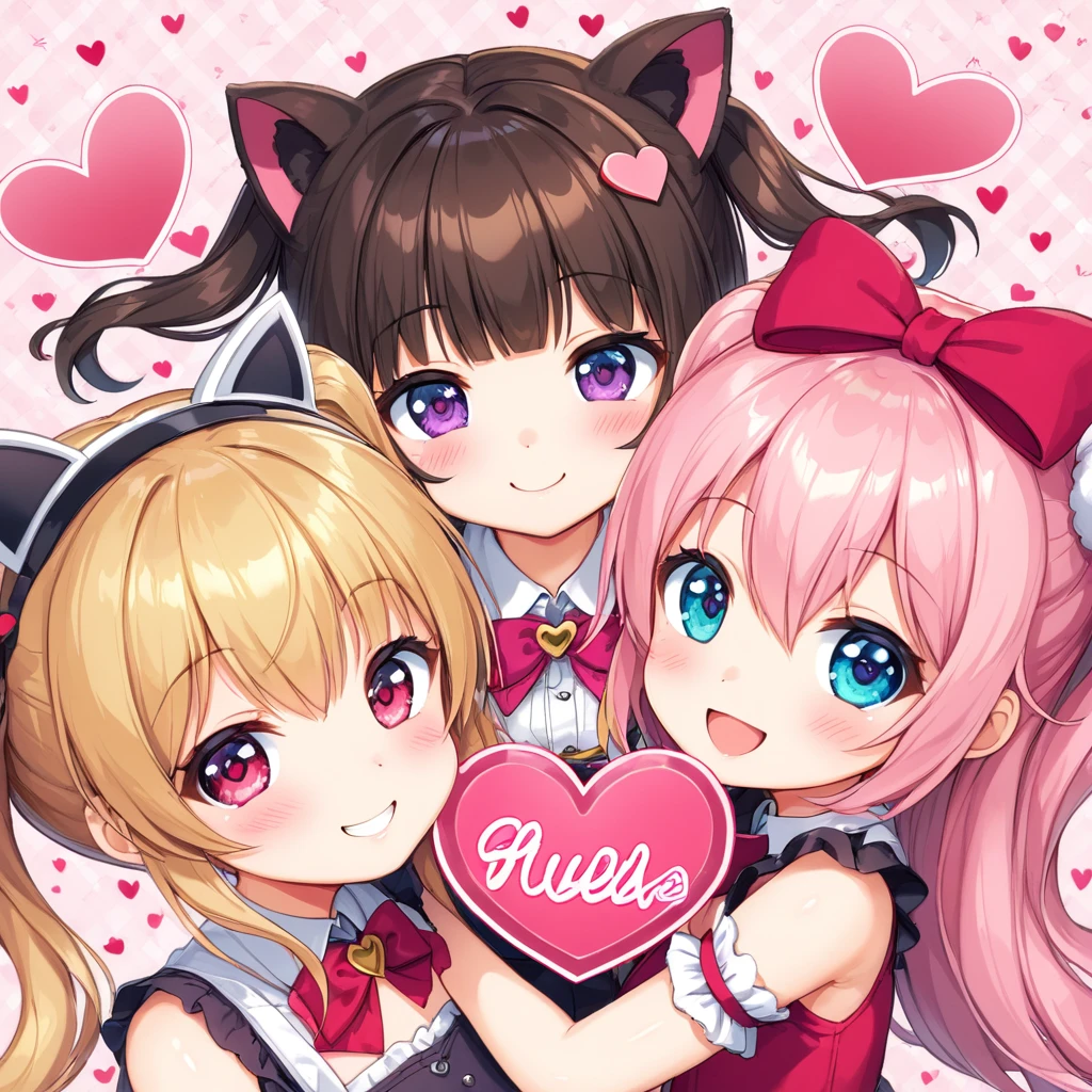 A cute group with a huge heart, cute girl, gently smile,Fill it with lots of hearts