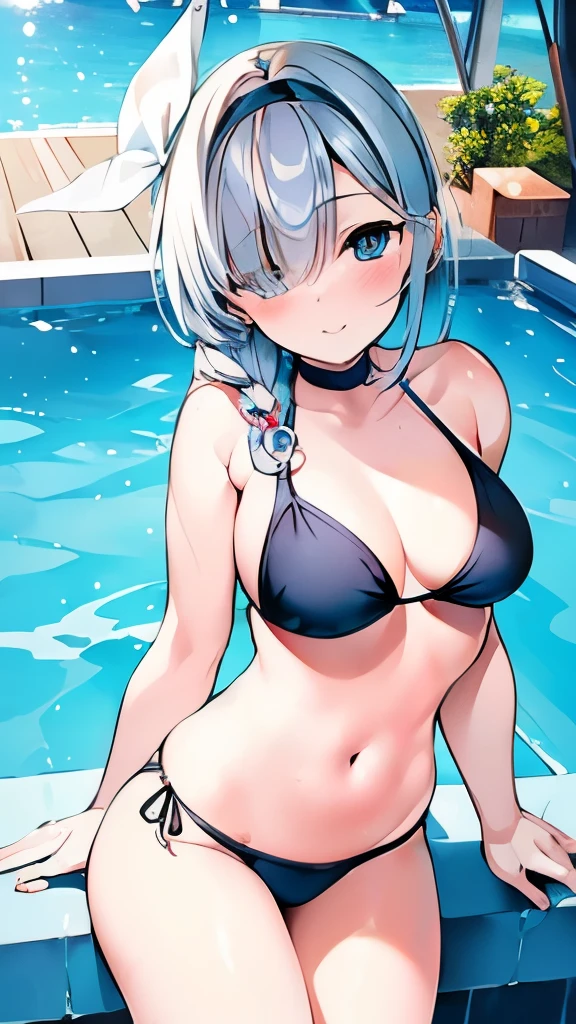 ((masterpiece)), ((best quality)), (ultra-detailed), pool, a cute girl, 1girl, solo, bikini, ((beautiful eyes)), smile