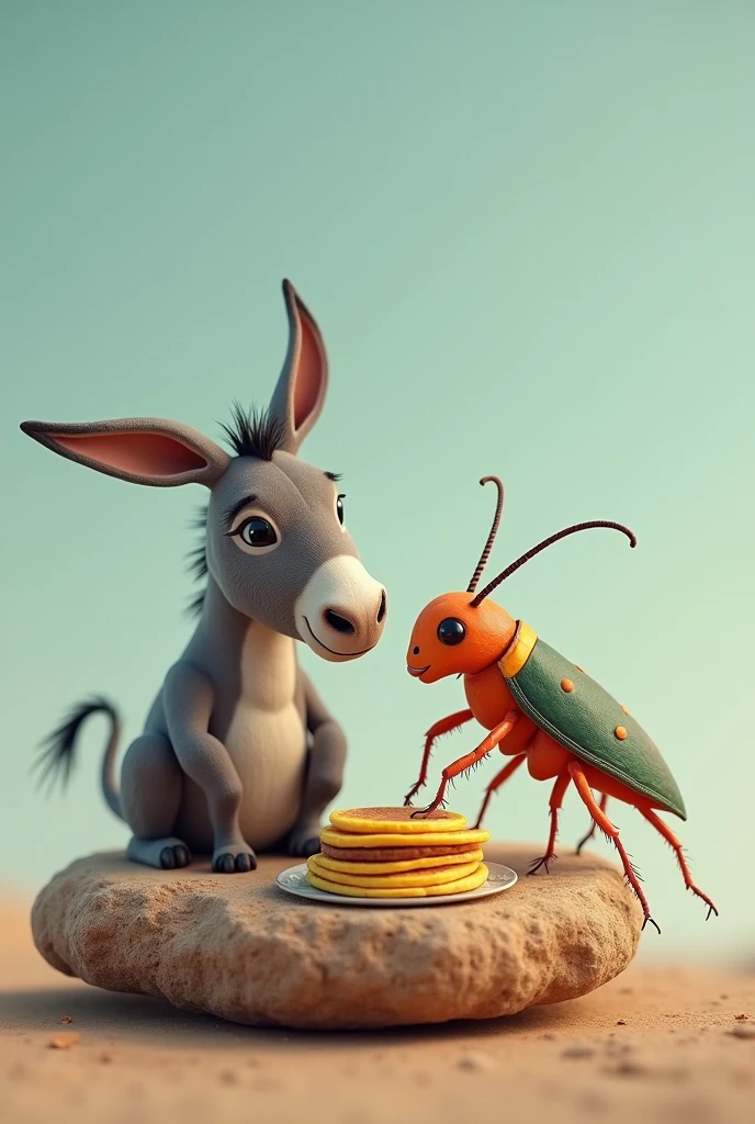 A donkey and a cockroach sitting on a rock eating cachapa 