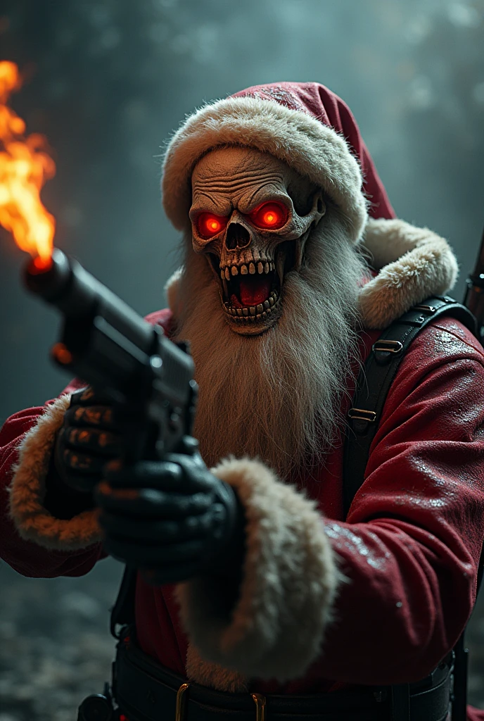 (evil Santa Claus, firearms, homemade flamethrower, portraits, dark color tones, dramatic lighting, best quality, ultra-detailed, horror, vivid colors, red eyes, menacing look, evil, eerie, killer), a creepy looking creature with its mouth open, Artstation contest winner, morbius, devouring the human soul, extreme detailed face, reminded me of the grim reaper