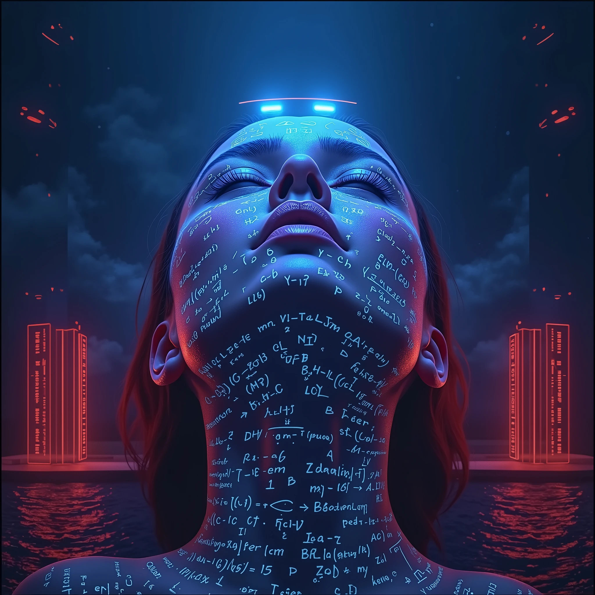 Close-up of woman's face, glowing green holographic equations projected onto skin. Intense gaze, realistic features. Dark background, cyberpunk aesthetic. Luminous mathematical formulas, handwritten style. Futuristic, high-tech atmosphere. Photorealistic rendering, dramatic lighting, sharp contrast