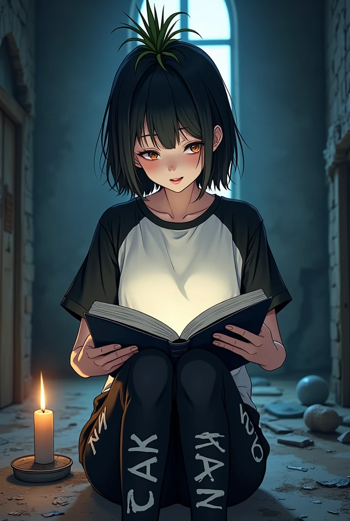 An anime woman with white skin with a plant accessory on her head, short black hair, black and white t-shirt, black pants with white bad letters, reading a magic book somewhat in shock inside an abandoned house next to a candle