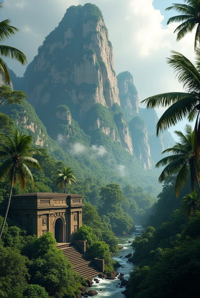 very very very towering jungle mountains over tropical jungle with palm trees and african stone Palace