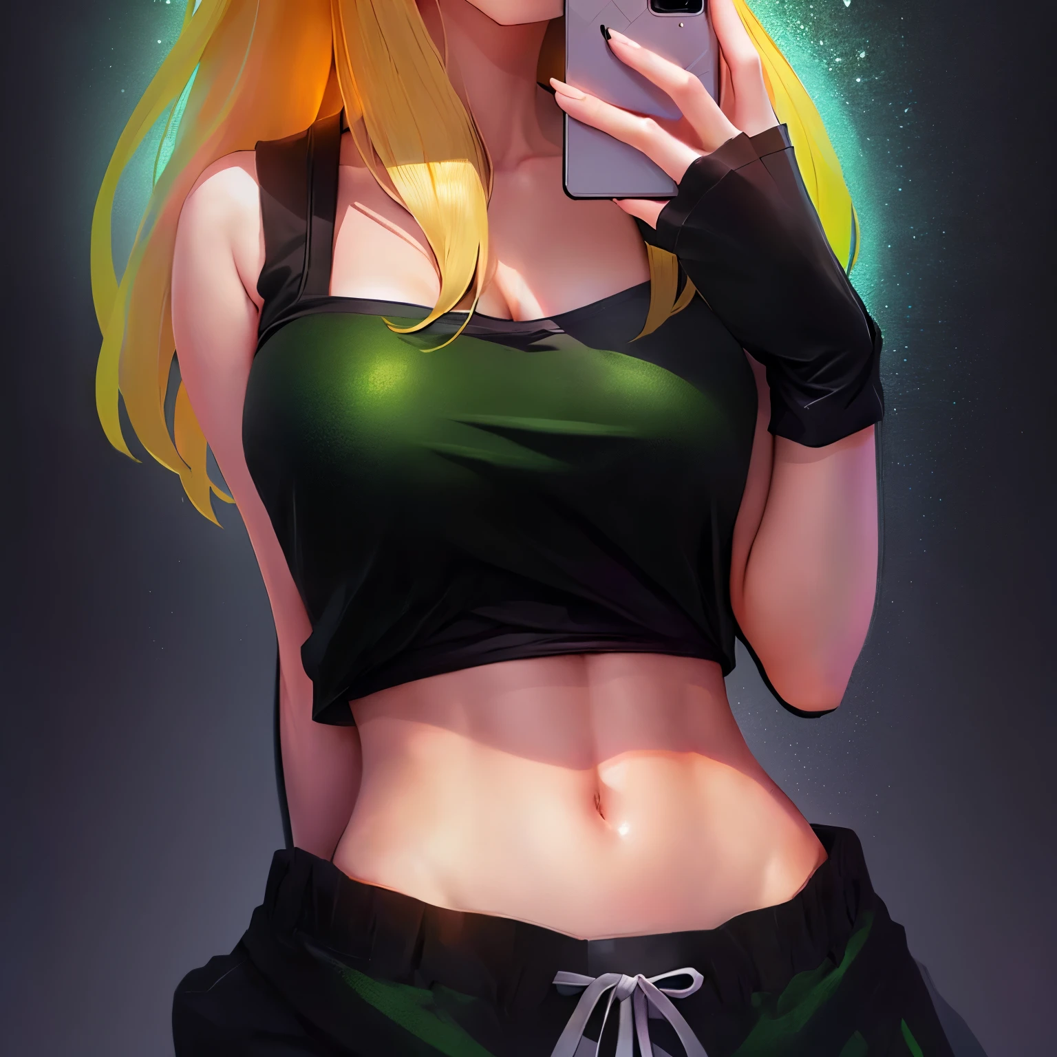 anime girl with blonde hair and black top taking a picture, Korrine, corne, oc commission, Korrine in slug sage mode, anime style character, in anime style, I&#39;m going to make fanart too, Korrine, as anime character, Thick, Korrine, an anime girl