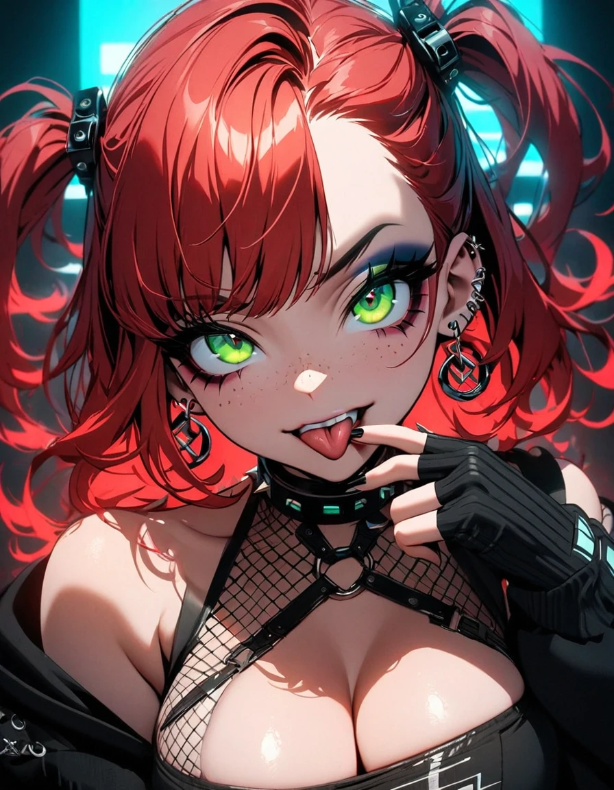 woman, curly red hair in pig tails, green eyes, eye shadow, black hoodie, black finger-less gloves, exposed shoulders, large breasts, freckles, cleavage, fishnet undershirt, looking at viewer, Holo-Punk Style, goth, earrings, eyelashes, makeup, solo, tattoo, punk aesthetic, cinematic lighting, masterpiece, best quality, face close up, sticking tongue out, two fingers