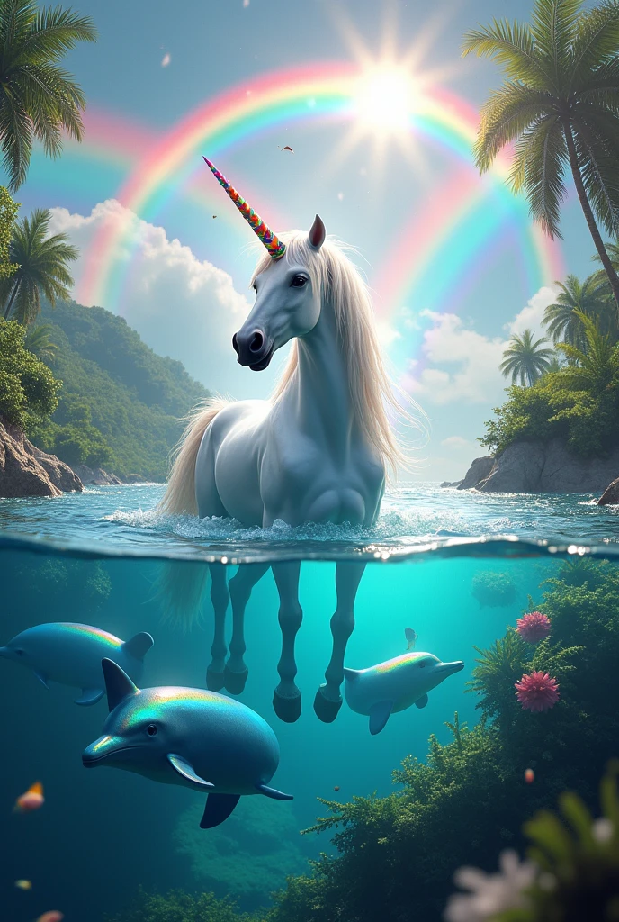 Photorealism of a unicorn with dolphins and rainbows, all very colorful 