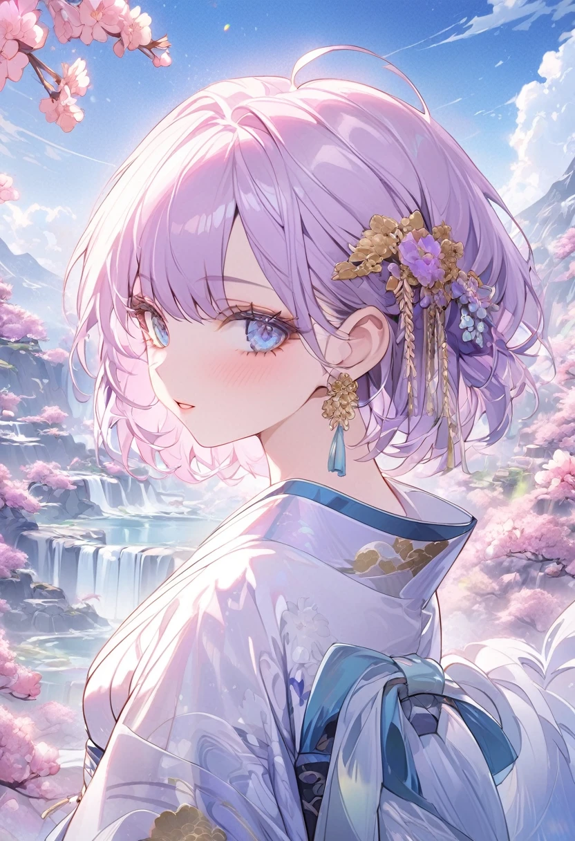 ((best quality)), ((Masterpiece)), (details), Young woman,( light purple hair, blue eyes, ((short hair)) , beautiful face, Beautiful skin, Long eyelashes, Thick eyelashes), Hanfu ancient clothes,ancient China, hair accessories, Gold hairpins,(Fashion Design Assistant), fantasy landscape, vibrant colors, soft lighting, whimsical atmosphere, blooming flowers, flowing dress, delicate details, ethereal background, dreamy aura, (โฟกัสใบหน้า)