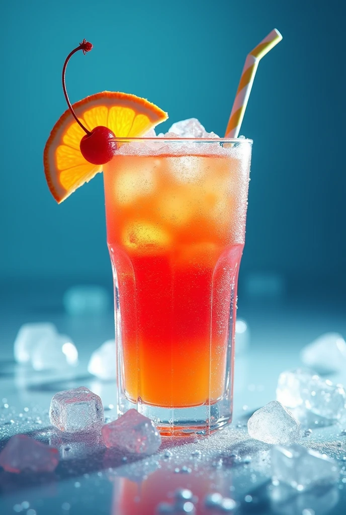 "Generate an image of a Tequila Sunrise cocktail in a frosty, icy glass. The glass should be covered in ice particles, and the drink should display a vibrant gradient from orange to red. Garnish the cocktail with an orange slice and a cherry. The background should be a cool, gradient blue, emphasizing the icy and refreshing appearance of the glass and drink, with lighting that highlights the frost and coldness."