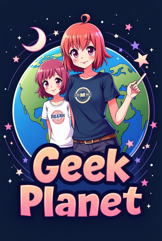 A logo with one or two anime figures and original t-shirts, with a moon and star symbol in the upper left corner in pink with purple and the world in the background to refer to the name and having the name geek planet in the middle