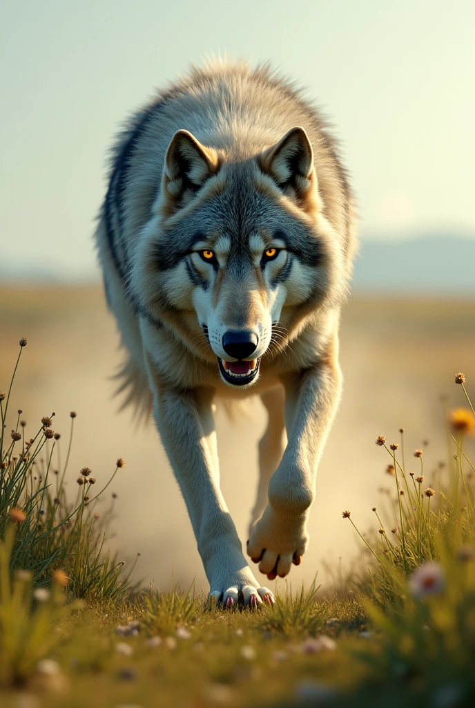 Create a wolf that is running in the field