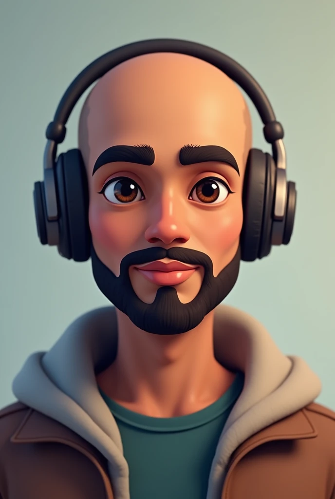 A Pakistani Skin Toned Young man completely bald, small beard and normal mustache, in portrait bitmoji image. wearing moderate size headphone. be a little healthy. and his face should be from facing just like in passport picture. eyes should not be that much opened. make the skin a little dark. can you make it a bit more 3d cartoonic?
