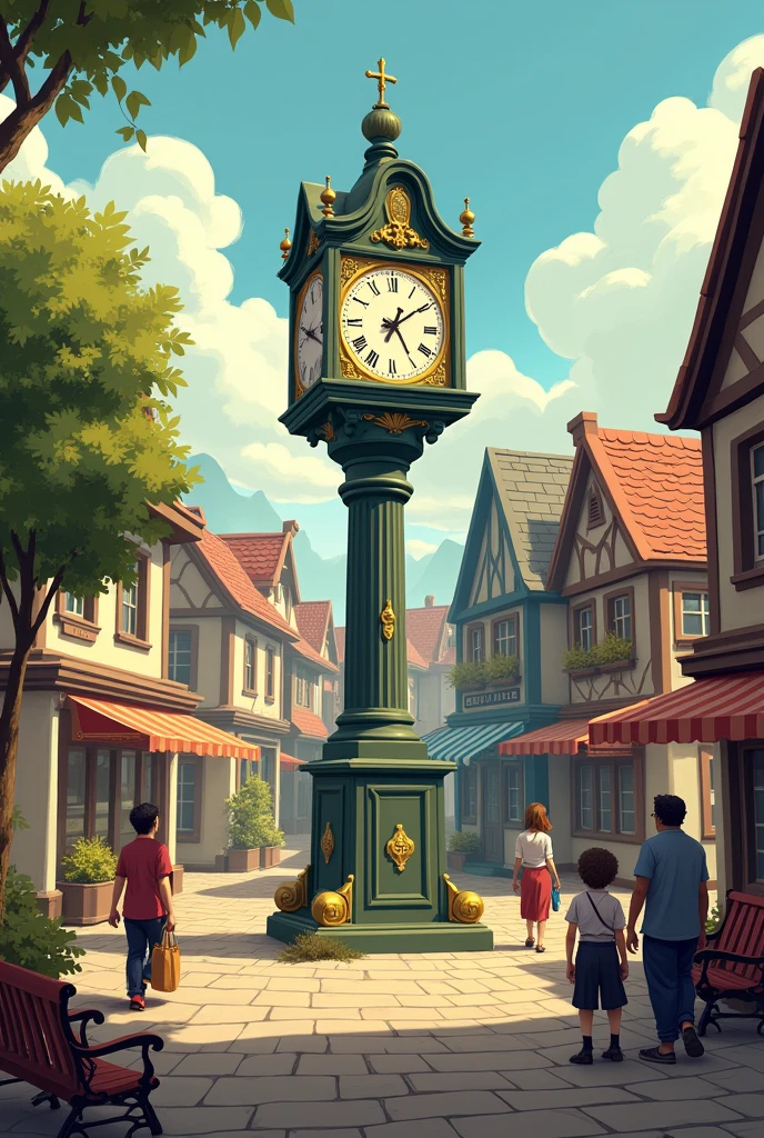 A small town with a clock in the square which is broken