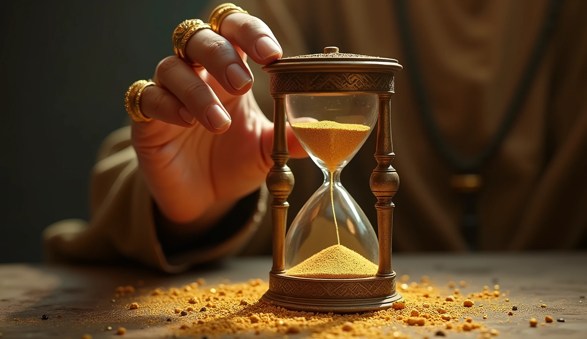 Create a hyper-realistic and mysterious image of an ancient hourglass, where the golden sand is slowly falling. Beside the hourglass, the hand of Solomon, adorned with rings, is about to turn it, symbolizing control over time and the patience needed to achieve prosperity. The background should be softly blurred, with the golden light highlighting the sand and the hand, creating a sense of urgency and mystery around the concept of time in wealth building.
]