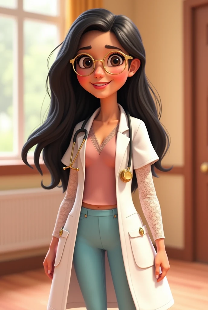 Disney Pixar style nurse in white lab coat with lace sleeves, pink blouse underneath, long black hair, light brown romper, gold colored stethoscope hanging, baby blue pants, delicate pink ballet flats, delicate gold colored glasses, smiling with braces on teeth 