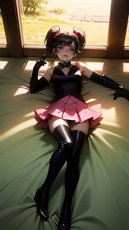 (full body),Tabletop, highest quality,Lie on your back in bed，Show me your boots，Thigh-high boots，Black Stockings，Black gloves，Strange thief，elegant, One Girl, Muscular，cute, Blushed, View Viewer, From below,Pink mini skirt, prison，blue eyes, Beautiful Eyes, Beautiful background, Light Particles, Light of the sun, Dramatic lighting, outside, Shiny, Realistic, Tabletop, highest quality, 超detailed, detailed, scenery, Beautiful fine details, Fine hair, ahegao 