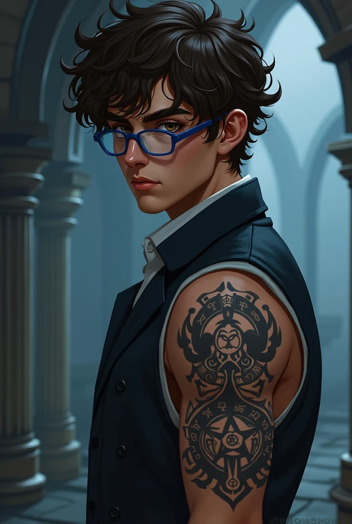 Bruno is a 22 year old adult with curly frizzy hair , brown eyes almost black in tone , has light brown skin , wears blue-rimmed glasses and wears semi-formal clothing. He has symbols tattooed on his left arm that he leaves visible most of the time. RPG style - Paranormal Order