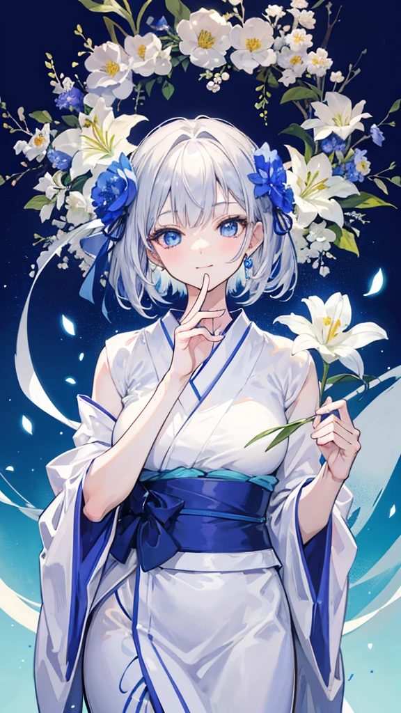Anime character, half body only, upper body only, half body portrait, posing like a model, good looking, beautiful, full of details, aesthetic, hd, masterpiece art, amazing work. Solo, young lady, short hair, flower accessories, bluish gray colored hair, Lady, blue eyes, smile, elegant look, elegant carrying, white Japanese yukata , blue decoration, Lily flower theme, eyes facing camera, hands outstretched forward, hands asking for a hand , simple background.