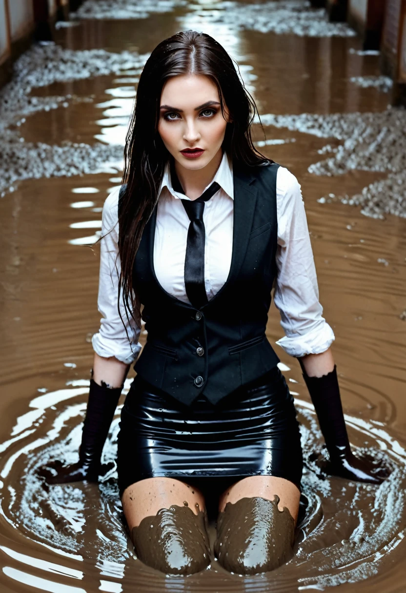 beautiful girl that looks like Bettie page, soaked, under an incredible rain, smile, updo, ponytail hair, red lipstick ,soaked black long maxi-skirt(black long maxi-skirt:1.2), (( long black satin gloves)),high boots, ((and a long completly soaked woolen vest )), flirting with the camera, hand bag on her shoulders, lying on the ground on the grass of central park durnig an incredible rain, no place to cover, happy aniway under this thunderstrom rainy day, rain, rain, rain,