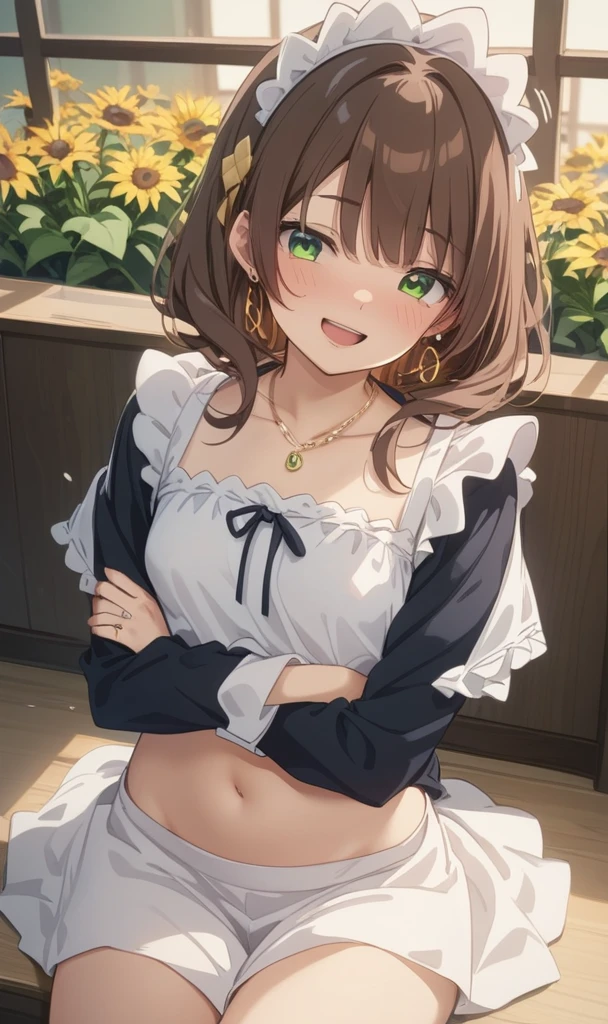 、cute、Princess、young、Green Eyes、Brown Hair、Medium Hairstyles、Big ribbon、cute、Being spoiled、smile、Be happy、Red cheeks、Idol、uniform、Belly button、maid、Small breasts、Embarrassed、juice、lover、Earrings、necklace、ring、sunflower、liquor、Drunk