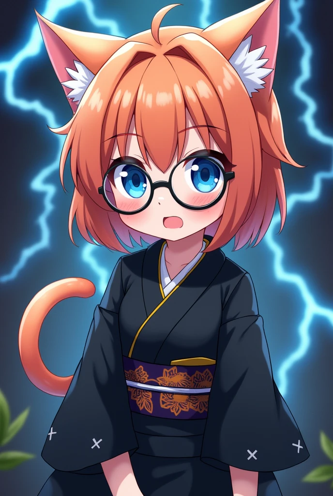 Cute anime girl, orange short hair, wolfcut hair, round glasses, Take-Mikazuchi, God of Thunder, blue eyes, black yukata, , playful, cat girl, goth