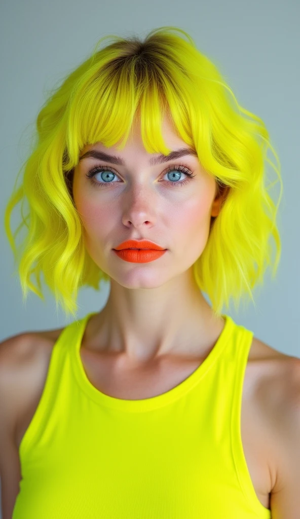 Real photo Caucasian female, 30 years old.
Bob style. Bangs above eyebrows.
Loose curls.
Neon yellow hair color, blue eyes, natural makeup.
Coral orange lips.
Clothing: Yellow tank top.
Light gray monochromatic background.