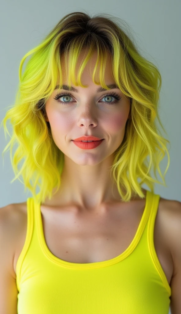 Real photo Caucasian female, 30 years old.
Bob style. Bangs above eyebrows.
Loose curls.
Neon yellow hair color, blue eyes, natural makeup.
Coral orange lips.
Clothing: Yellow tank top.
Light gray monochromatic background.