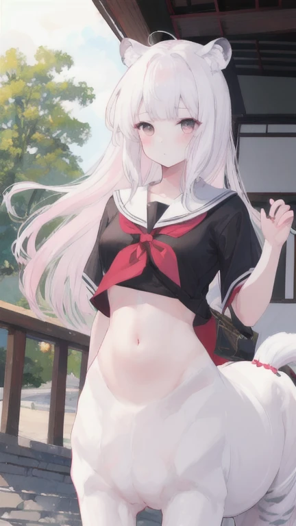 (best quality, masterpiece), 1 girl, centaur, I beg, White skin, Japanese schoolgirl,daughter,black pink, exposing the abdomen, belly button t-shirt , beautiful girl perfect, White tiger photo, 완벽한 White tiger photo