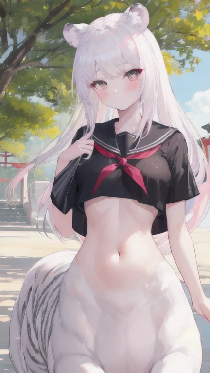 (best quality, masterpiece), 1 girl, centaur, I beg, White skin, Japanese schoolgirl,daughter,black pink, exposing the abdomen, belly button t-shirt , beautiful girl perfect, White tiger photo, 완벽한 White tiger photo