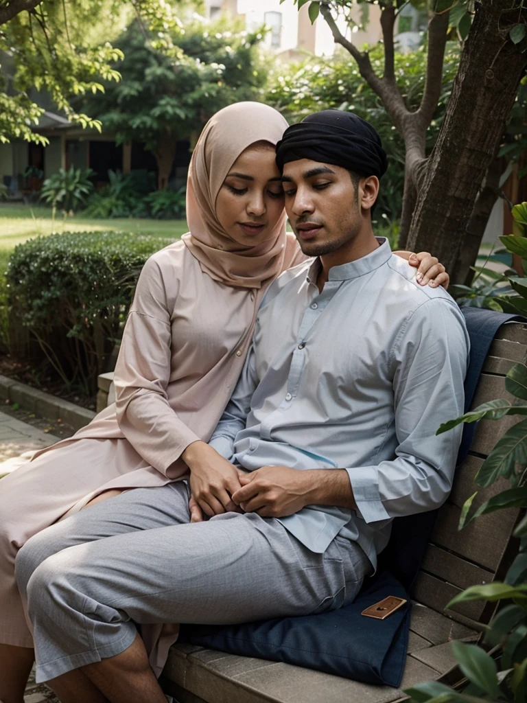 Muslim husband and wife sitting together. The wife is studying with her head on her husband's chest. The wife's clothes will be short. Nature will be in the environment.