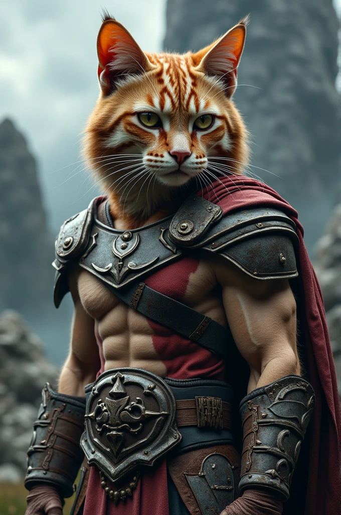 Muscular cat dressed as Kratos from God of War