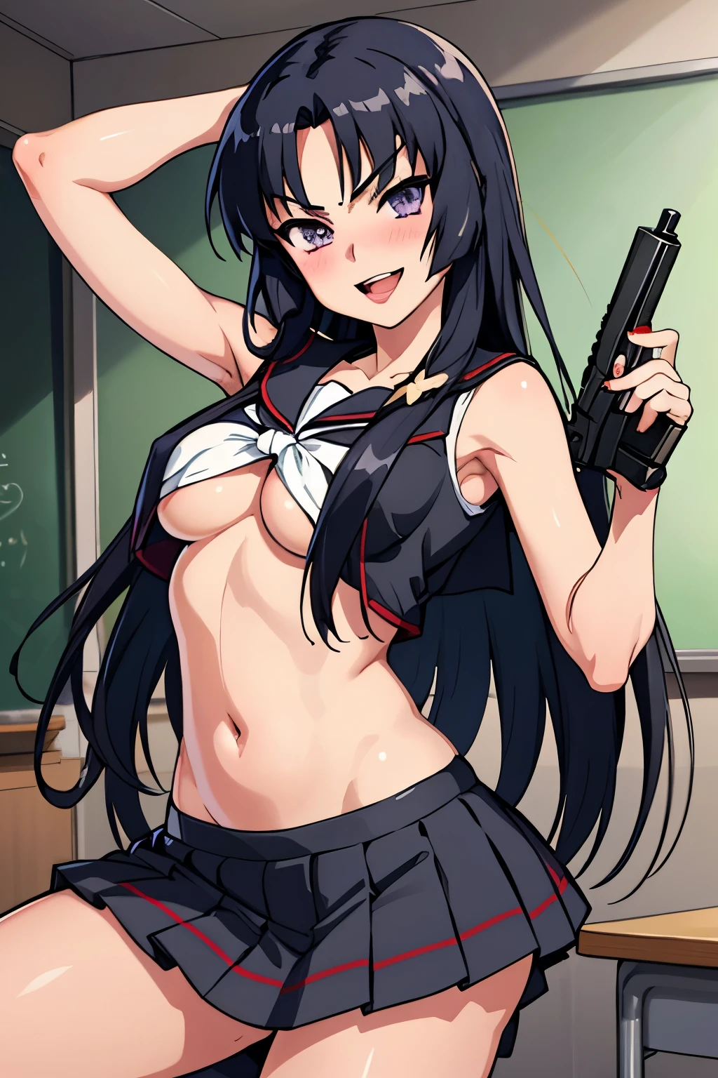 , 1girl, kurugaya yuiko, blush, lipstick, long hair, Hot girl, baddie, staring, glaring, bad attitude, mean girl, crazy, smoking, masterpiece, best quality, highly detailed, a anime girls in sailor uniforms with a gun posing for a picture,
evil smile, smile, open mouth,black_serafuku, ecchi anime style, anime girls , (nsfw) not safe for work,
ecchi style, ecchi, shipgirls, digital anime art!!, high school girls, holding a gun, hold a gun, anime style 4
k, micro skirt, exposed belly, exposed navel, exposed midriff, holding pistol,underboob,
exposed lower belly,school, classroom