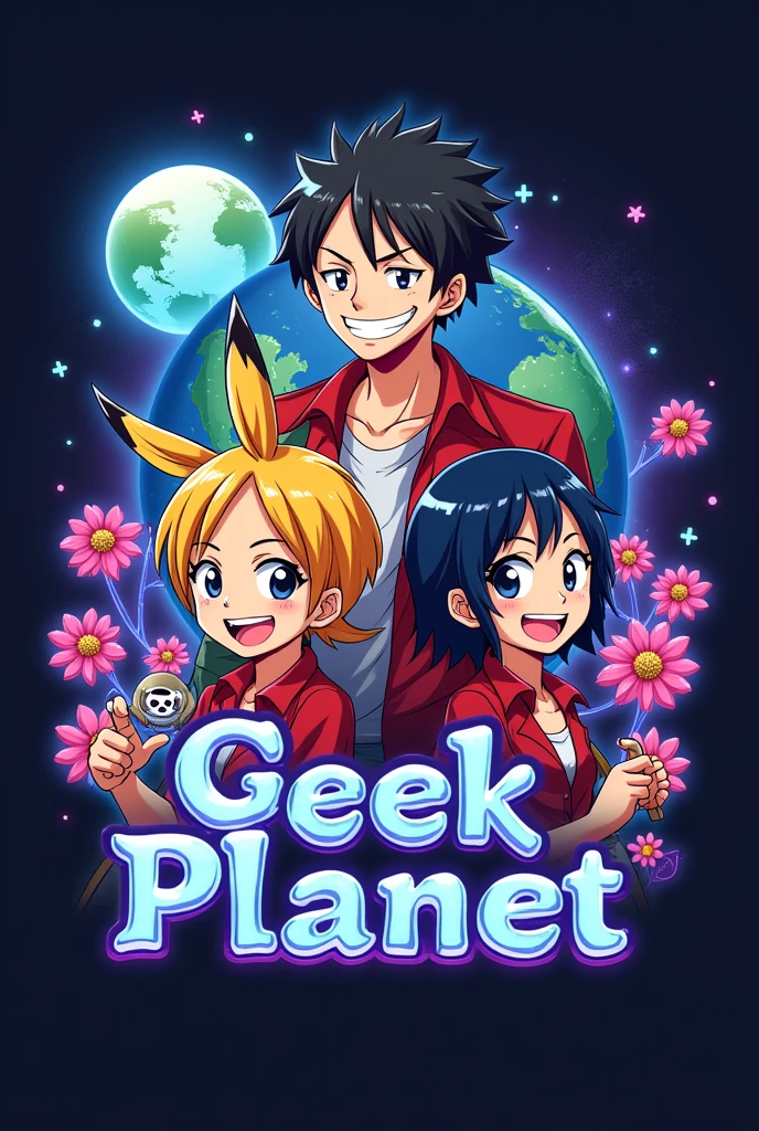 A logo with one or two anime figures and Pokémon and One Piece t-shirts, with a moon and star symbol in the upper left corner in pink with purple and the world in the background to refer to the name and having the name geek planet in the middle