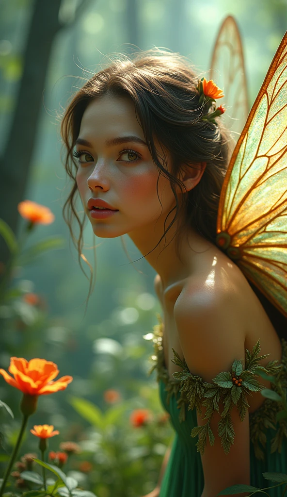woman, black hair up, fairy type, in an enchanted forest, fantasy, looking at the camera, photorealistic