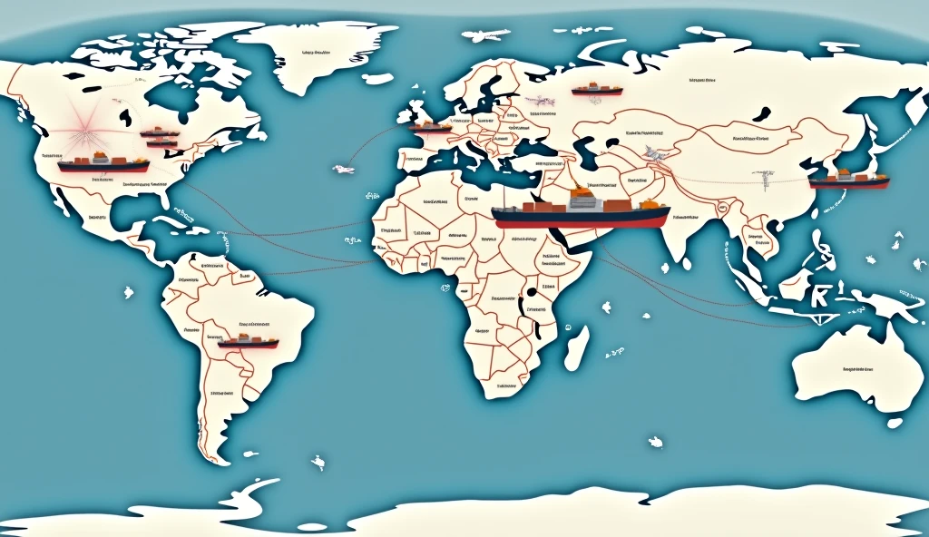 Map showing the route of parcel transportation between countries, United States, china, Paraguay and Brazil with ship and plane.