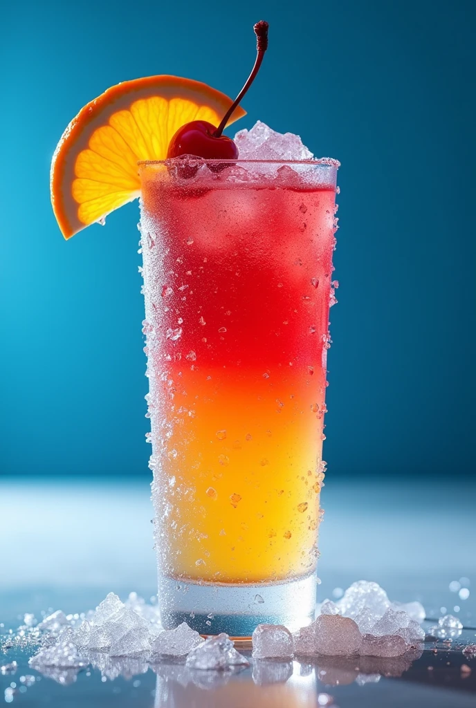 "Generate an image of a Tequila Sunrise cocktail in a frosty, icy cocktail glass. The glass should be covered in ice particles, with the drink showing a vibrant gradient from orange to red. Garnish with an orange slice and a cherry. The background should be a cool, gradient blue, highlighting the icy and refreshing appearance of the glass and cocktail, with lighting that emphasizes the frost and coldness."