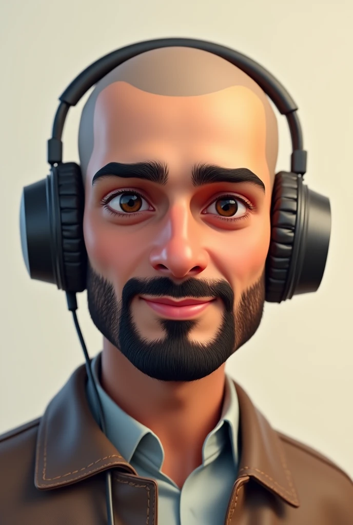 A Pakistani Skin Toned Young man completely bald, small beard and normal mustache, in portrait bitmoji image. wearing moderate size headphone. be a little healthy round face. and his face should be from facing just like in passport picture. eyes should not be that much opened. make the skin a little dark. can you make it a bit more 3d animatic?