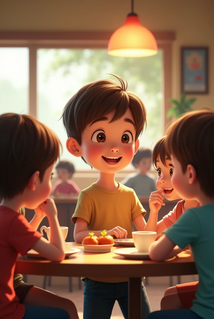 I want a picture of a boy in his youth of 2 with dark brown hair, short man wearing a t-shirt and jeans. He is chatting with other young boys and girls around him sitting at the same table in a restaurant..